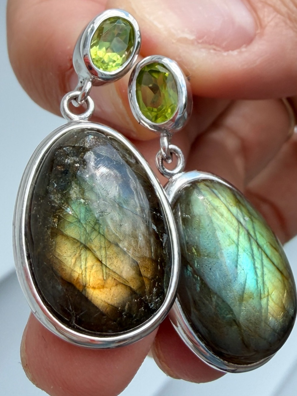 Labradorite and Peridot Sterling Drop Earrings - great flash, gorgeous!